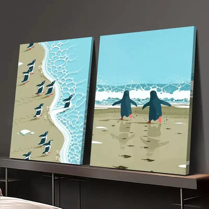 2pcs Penguins on the Beach, Minimalist Surreal Illustration Canvas Framed 50x75cm - High Quality Print 100% Australian Made Wall Canvas Ready to Hang - Bella Home Decor