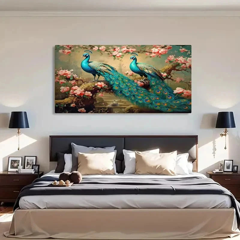 Stunning Blue Peacock & Peach Wall Art Canvas Office Home Room Framed 120x60cm - Bella Home Decor