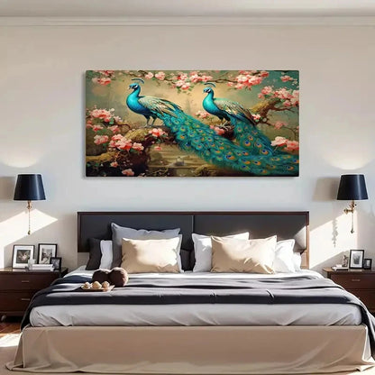 Stunning Blue Peacock & Peach Wall Art Canvas Office Home Room Framed 120x60cm - Bella Home Decor