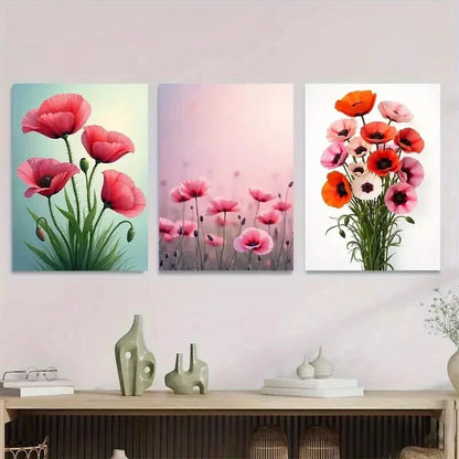 3pcs Poppy Flower Vibrant Pink & Orange Poppy Wall Art Set Canvas Framed 50x70cm - High Quality Print 100% Australian Made Wall Canvas Ready to Hang