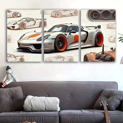 3pcs White And Orange Racing Car Illustrations Wall Art Set Canvas Framed 40x60cm - High Quality Print 100% Australian Made Wall Canvas Ready to Hang