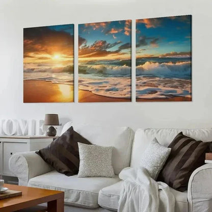 3pcs Ocean Waves & Sandy Shoreline at Sunset Wall Art Canvas Unframed - High Quality Print 100% Australian Made Wall Canvas