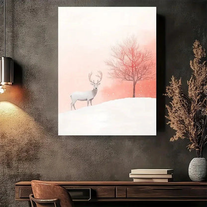 Beautiful Winter Deer & Red Tree Modern Painting 40x60cm Metal Print Ready to Hang - Bella Home Decor