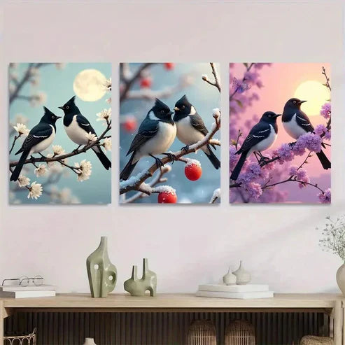 3pcs Charming Bird Beautiful Triptych Black Moon Wall Art Set Canvas Unframed - High Quality Print 100% Australian Made Wall Canvas - Bella Home Decor
