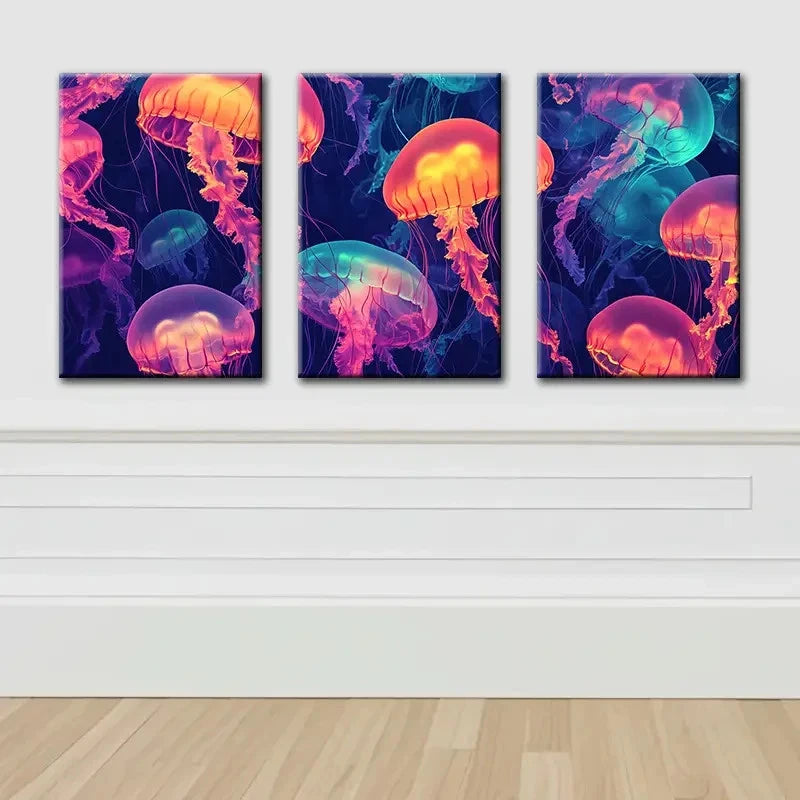 3pcs Jellyfish And Shells 3D Effect Wall Art Set Canvas Framed 50x70cm - High Quality Print 100% Australian Made Wall Canvas Ready to Hang