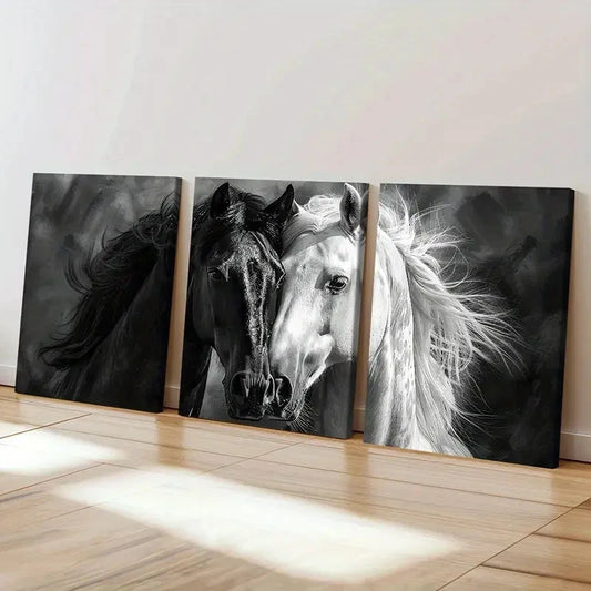 3pcs Black & White Animal Horses Artwork Wall Art Set Canvas Framed 50x70cm - High Quality Print 100% Australian Made Wall Canvas Ready to Hang