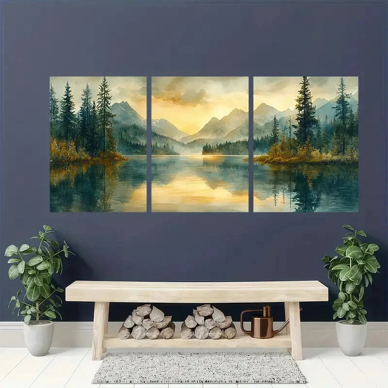 3pcs Watercolor Pine Forest Reflections Landscape Metal Print Ready to Hang Art