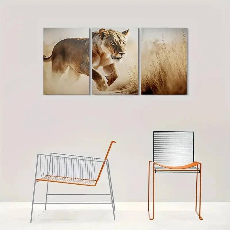 3pcs Wildlife Lioness in Motion Wall Art Set Canvas Framed 60x90cm - High Quality Print 100% Australian Made Wall Canvas Ready to Hang