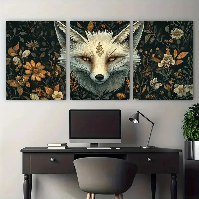 3pcs Vintage Aesthetic Floral W hite Fox Wall Art Set Canvas Framed 60x90cm - High Quality Print 100% Australian Made Wall Canvas Ready to Hang - Bella Home Decor