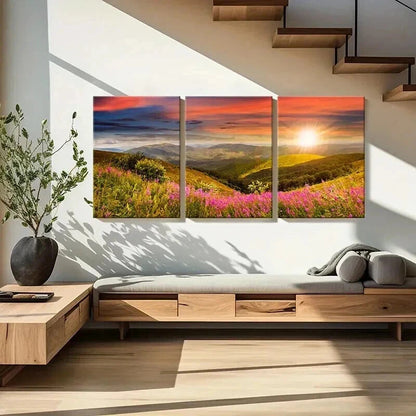 3pcs Mountain Wildflowers and Sunset  Wall Art Set Canvas Framed 40x60cm - High Quality Print 100% Australian Made Wall Canvas Ready to Hang - Bella Home Decor