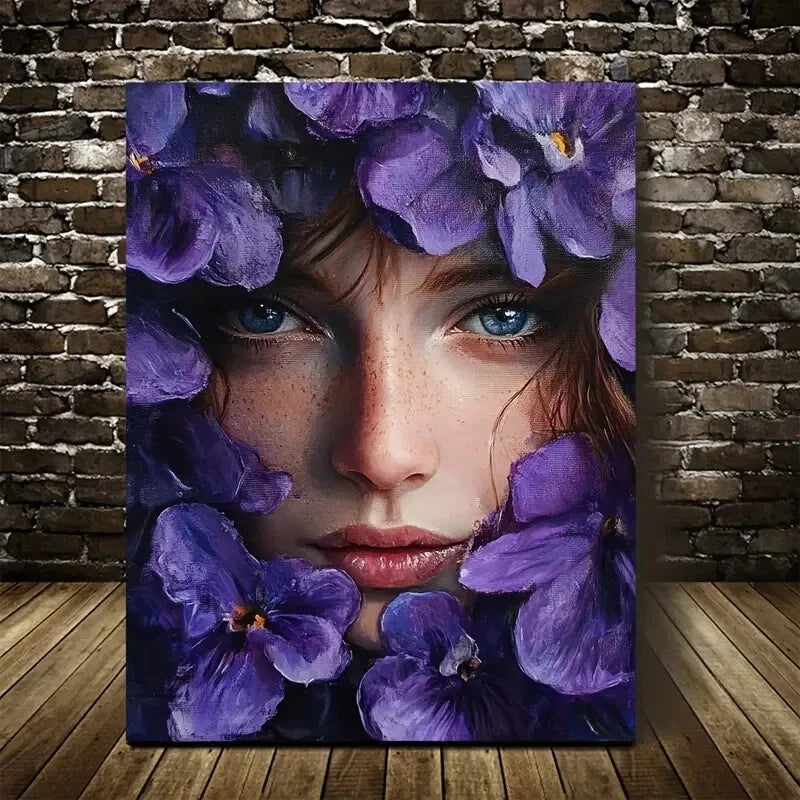 Purple Floral Portrait of Woman with Flowers Painting 40x60cm Metal Print Ready to Hang - Bella Home Decor
