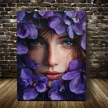 Purple Floral Portrait of Woman with Flowers Painting 40x60cm Metal Print Ready to Hang - Bella Home Decor