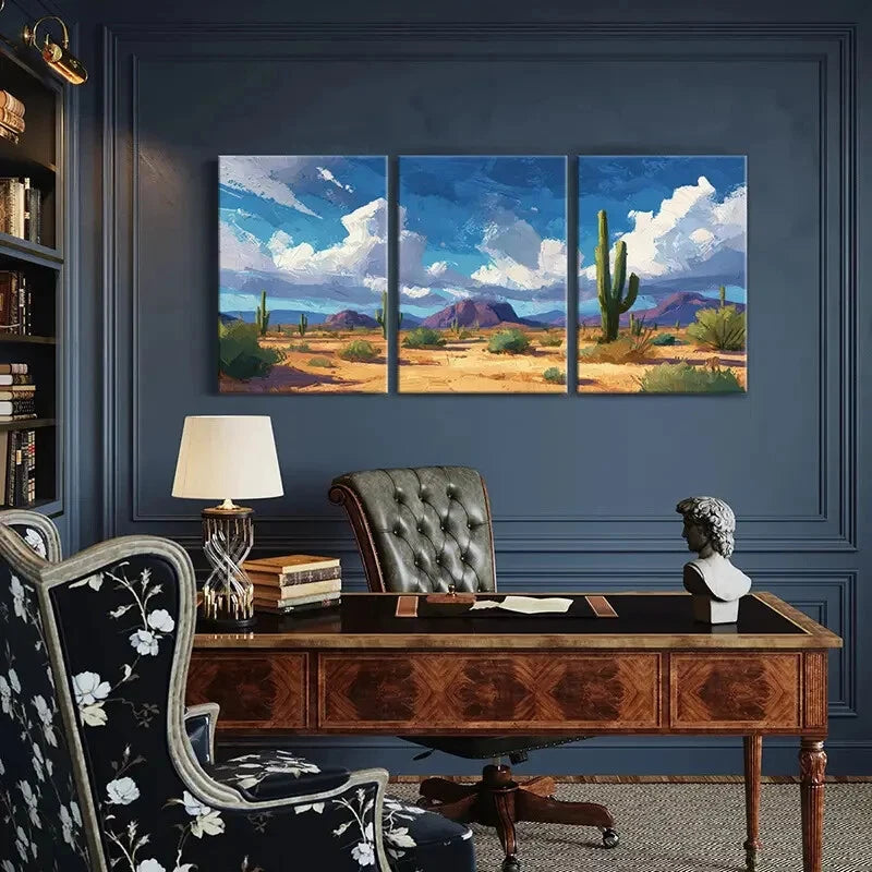 3pcs Vibrant Cactus & Mountain Blue Sky & Clouds Metal Print Ready to Hang Art - Bella Home Decor