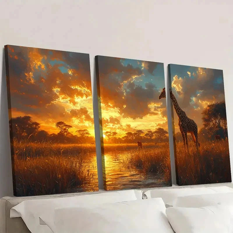 3pcs Afternoon In Africa Fine Animal Art S Wall Art Set Canvas Framed 40x60cm - High Quality Print 100% Australian Made Wall Canvas Ready to Hang - Bella Home Decor