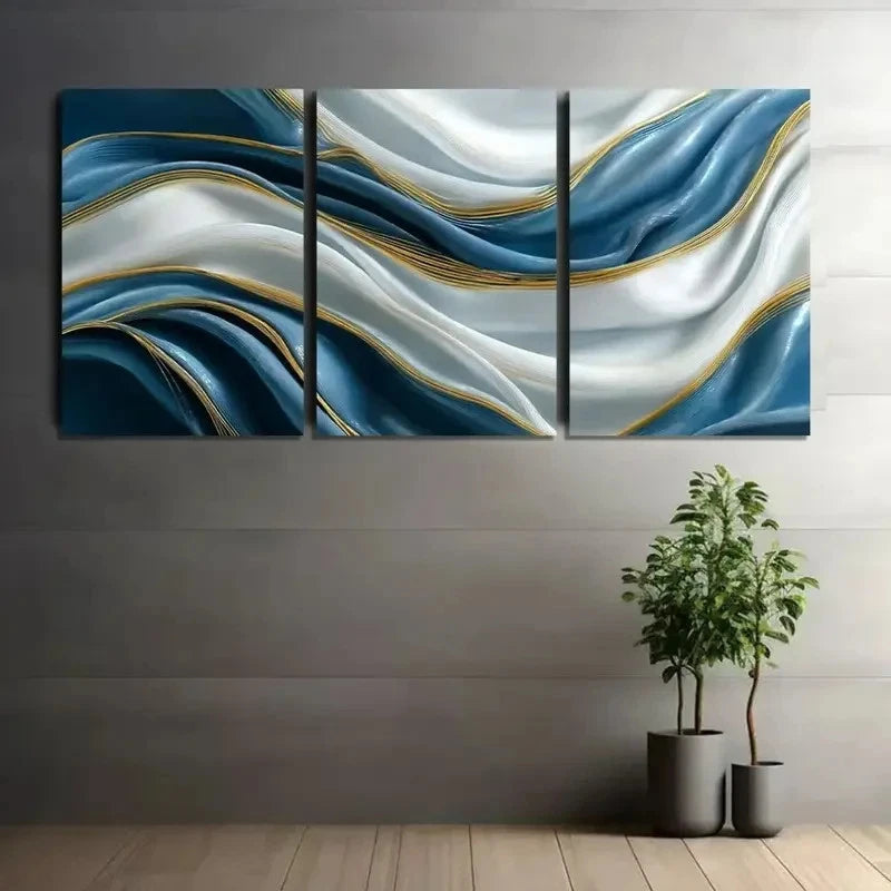3pcs Abstract Blue and White Silk Waves Paintings Metal Print Ready to Hang Art - Bella Home Decor
