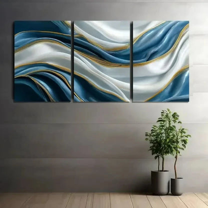 3pcs Abstract Blue and White Silk Waves Paintings Metal Print Ready to Hang Art - Bella Home Decor