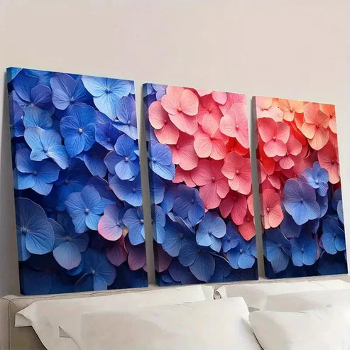 3pcs Vibrant Hydrangea Blue & Pink Floral V Wall Art Set Canvas Unframed - High Quality Print 100% Australian Made Wall Canvas - Bella Home Decor