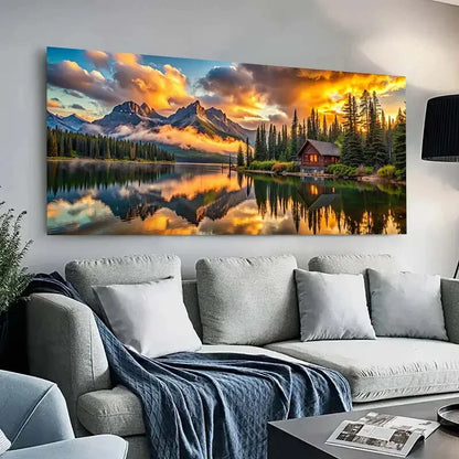 Golden Life Tree, Mountain,Lake  Art wall canvas office home room framed 120x60cm - Bella Home Decor