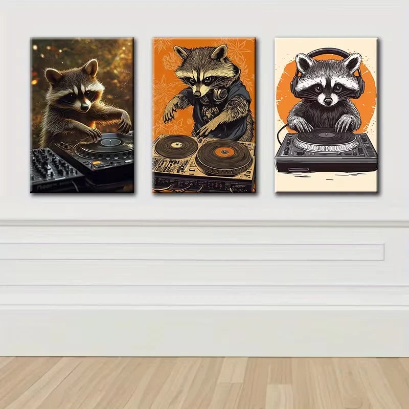3pcs Raccoon as a DJ Funny Illustration Wall Art Set Canvas Framed 60x90cm - High Quality Print 100% Australian Made Wall Canvas Ready to Hang