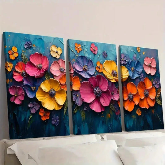 3pcs Colorful Textured Flower CT Wall Art Set Canvas FrMamed 40x60cm - High Quality Print 100% Australian Made Wall Canvas Ready to Hang