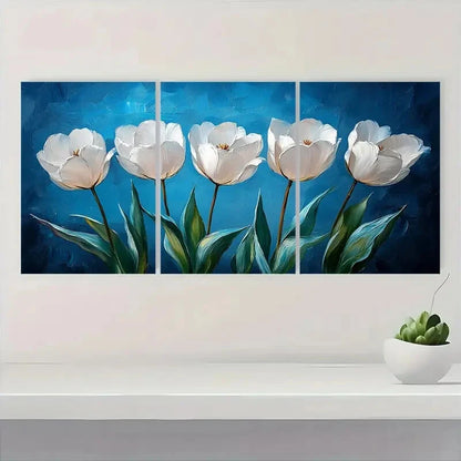 3pcs Elegant White Tulips Blue Background Floral Metal Print Ready to Hang Art - Bella Home Decor
