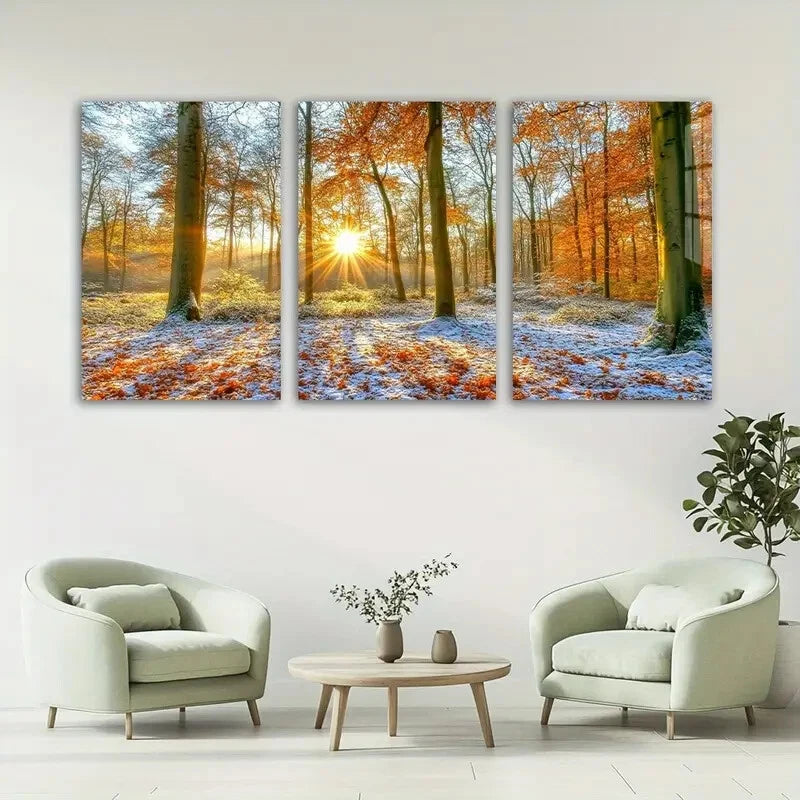 3pcs Stunning Autumn Sunset Forest Metal Print Ready to Hang Art - Bella Home Decor