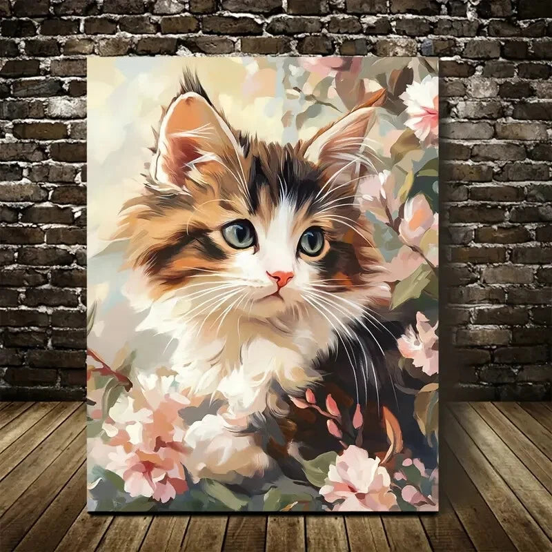 Norwegian Forest Cat Kitten with Flowers Painting 40x60cm Metal Print Ready to Hang - Bella Home Decor