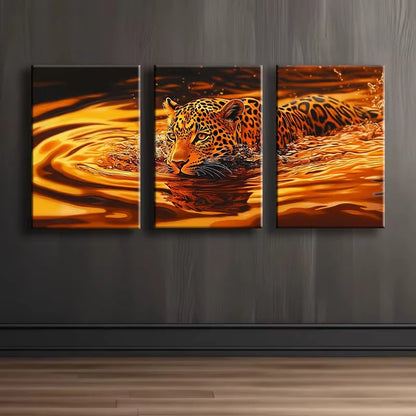 3pcs The swimming leopard Wall Art Set Canvas Framed 50x70cm - High Quality Print 100% Australian Made Wall Canvas Ready to Hang