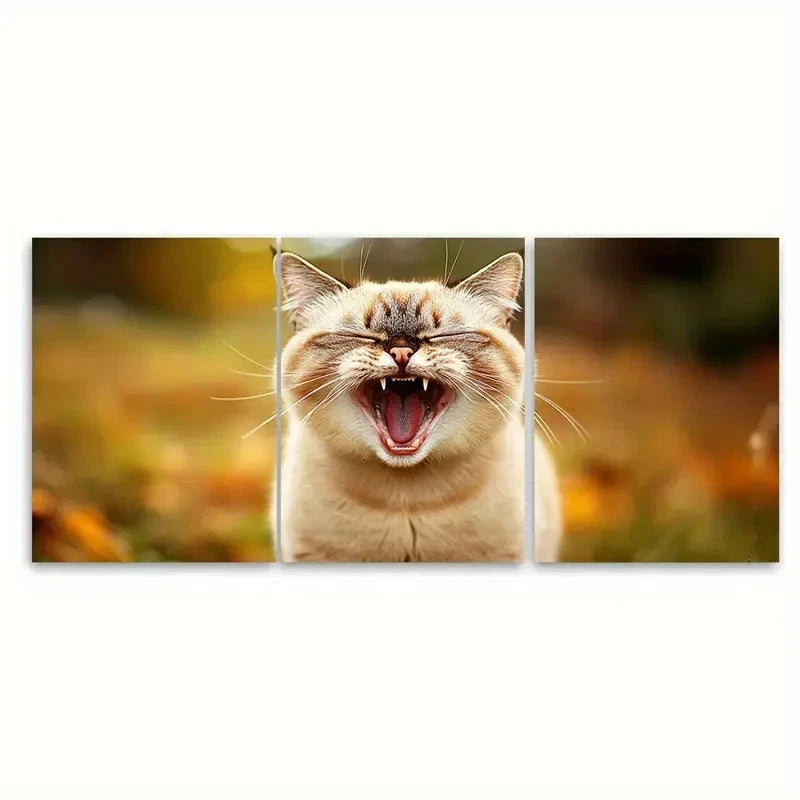 3pcs Cute Cat Yawning Illustration Wall Art Set Canvas Framed 60x90cm - High Quality Print 100% Australian Made Wall Canvas Ready to Hang - Bella Home Decor
