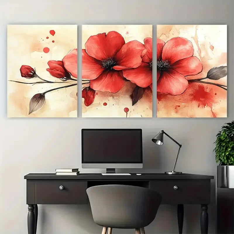 3pcs Elegant Blooming Red Floral Watercolor Wall Art Set Canvas Framed 60x90cm - High Quality Print 100% Australian Made Wall Canvas Ready to Hang