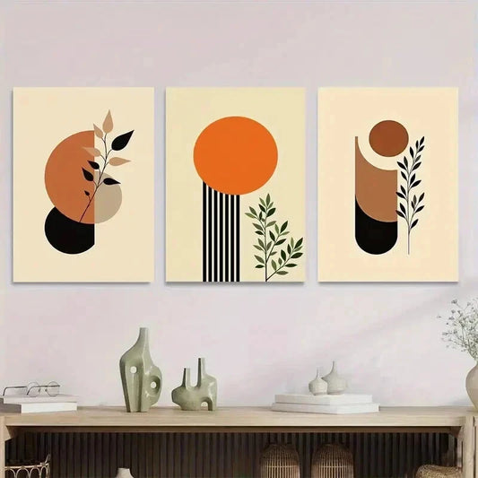 3pcs Minimalist Botanical Geometric Shapes Wall Art Set Canvas Framed 50x70cm - High Quality Print 100% Australian Made Wall Canvas Ready to Hang