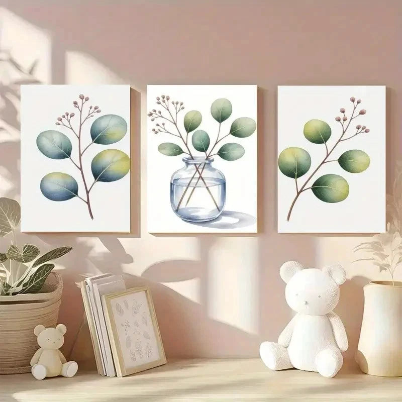 3pcs Botanical Prints with Blue & Green Leaves Metal Print Ready to Hang Art - Bella Home Decor