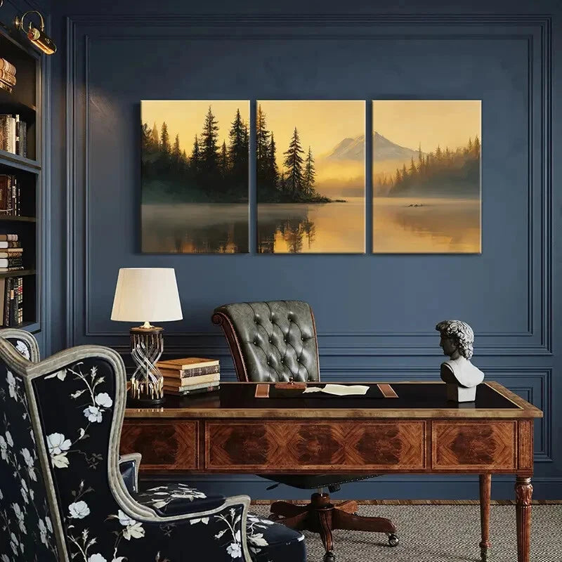 3pcs Sunset Mountain Reflection Pine Trees Calm Metal Print Ready to Hang Art - Bella Home Decor