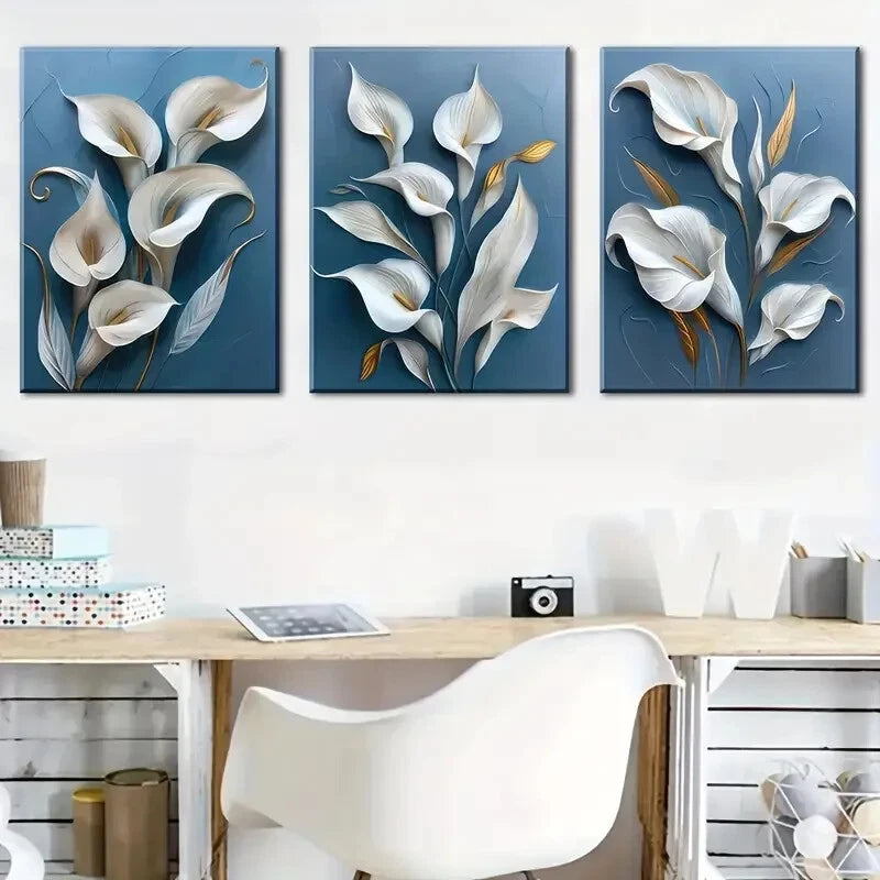 3pcs Modern Floral Blue Minimalist Perfect Wall Art Set Canvas Framed 40x60cm - High Quality Print 100% Australian Made Wall Canvas Ready to Hang