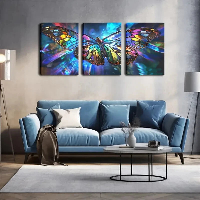 3pcs Butterfly Colorful Glass-Wing Perfect Wall Art Set Canvas Framed 40x60cm - High Quality Print 100% Australian Made Wall Canvas Ready to Hang - Bella Home Decor