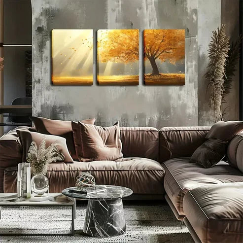 3pcs Stunning Artwork, Yellow Leaf Tree, Sun Wall Art Canvas Unframed - High Quality Print 100% Australian Made Wall Canvas