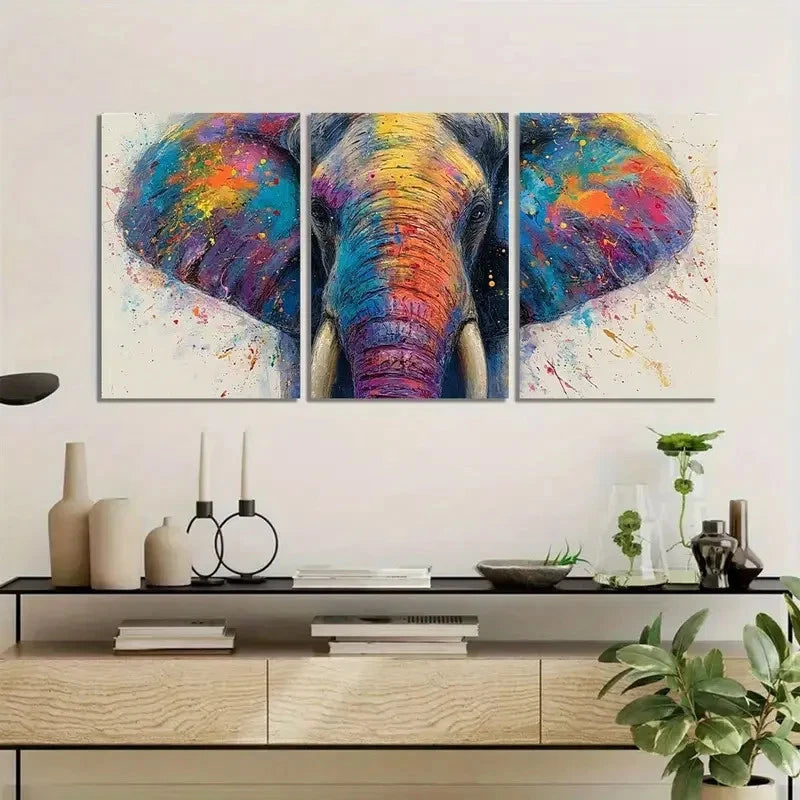 3pcs Colorful Splash Elephant Face Wall Art Metal Print Ready to Hang Art - Bella Home Decor