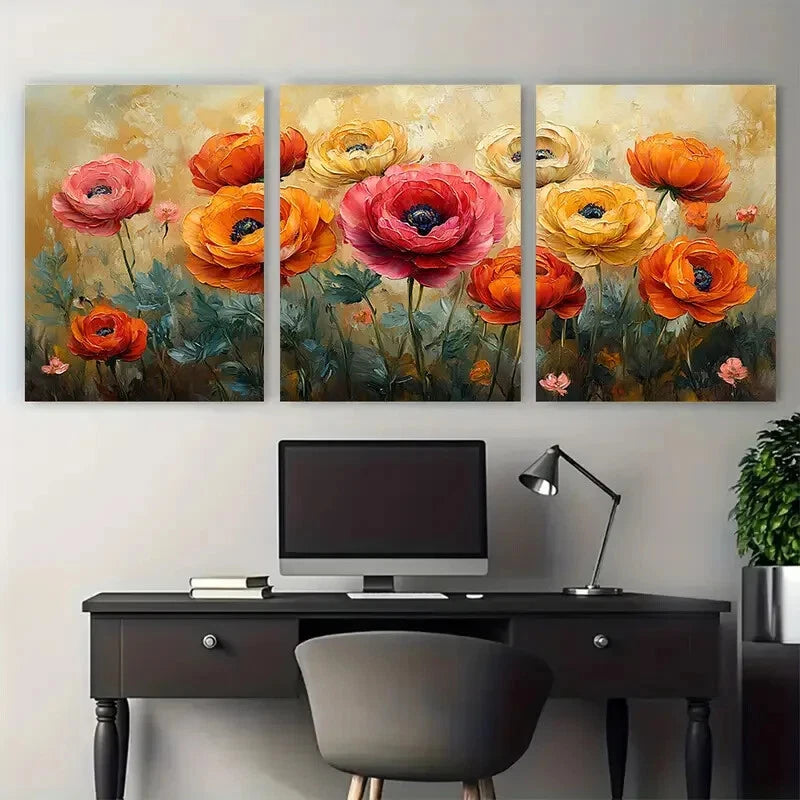 3pcs Ranunculus Flowers Textured Illustration Metal Print Ready to Hang Art - Bella Home Decor