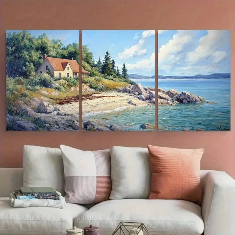 3pcs Coastal Landscape with House by a Rocky Beach Metal Print Ready to Hang Art - Bella Home Decor