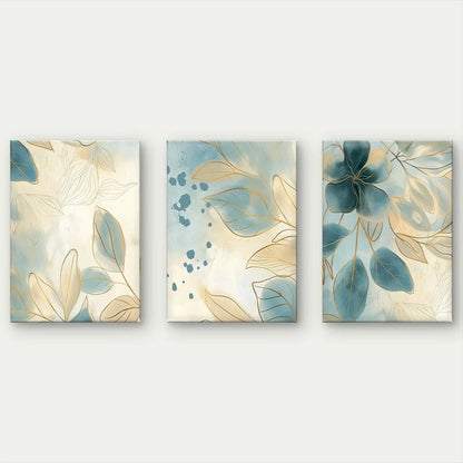 3pcs Modern Blue and Gold Floral Watercolour Wall Art Set Canvas Framed 50x70cm - High Quality Print 100% Australian Made Wall Canvas Ready to Hang