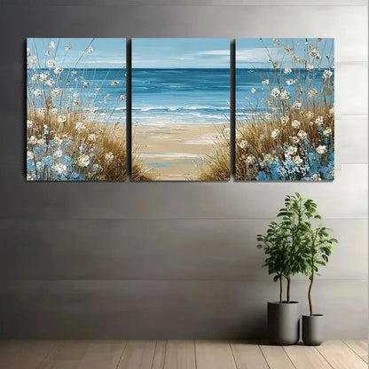 3pcs Beach Scene with Blue Water and Brown Grass Metal Print Ready to Hang Art - Bella Home Decor