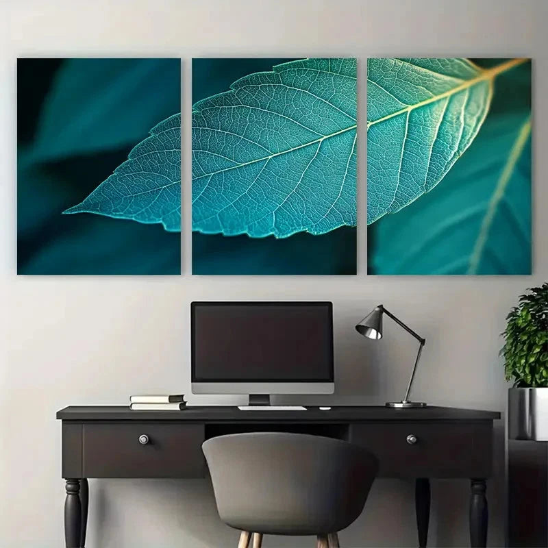3pcs Vibrant Turquoise Green Veins Macro Leaf Metal Print Ready to Hang Art - Bella Home Decor