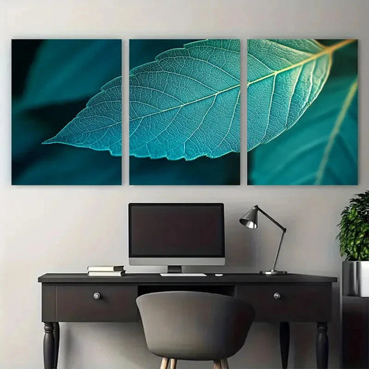 3pcs Vibrant Turquoise Green Veins Macro Leaf Metal Print Ready to Hang Art