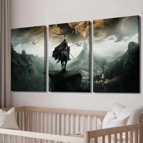 3pcs Flying Dragon And Black Knight Wall Art Canvas Unframed - High Quality Print 100% Australian Made Wall Canvas - Bella Home Decor