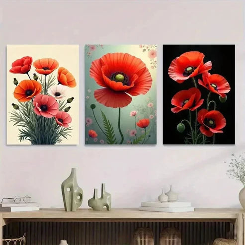 3pcs Vibrant Red Poppy Flower Red Wall Art Set Canvas Unframed - High Quality Print 100% Australian Made Wall Canvas