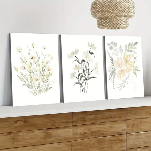 3pcs Flowers Green Leaves Wild Plants Yellow Wall Art Set Canvas Unframed - High Quality Print 100% Australian Made Wall Canvas - Bella Home Decor