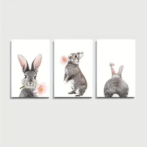 3pcs Gray Bunny Funny Rabbit Print Wall Art Canvas Unframed - High Quality Print 100% Australian Made Wall Canvas