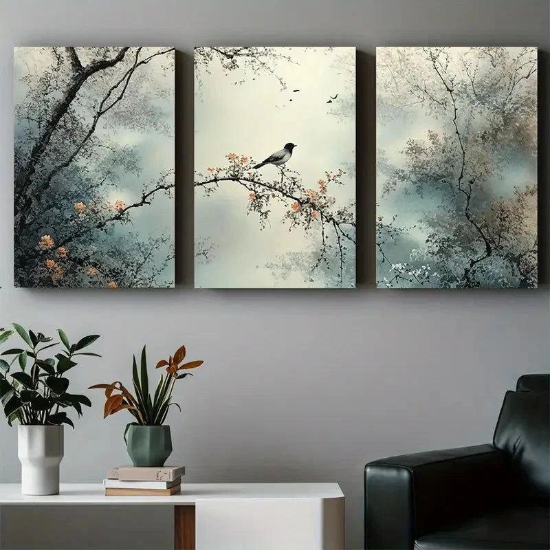 3pcs Modern Charming Bird & Branch Abstract Metal Print Ready to Hang Art - Bella Home Decor
