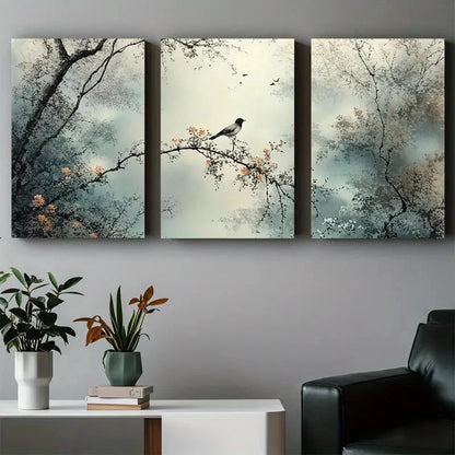 3pcs Modern Charming Bird & Branch Abstract Metal Print Ready to Hang Art - Bella Home Decor
