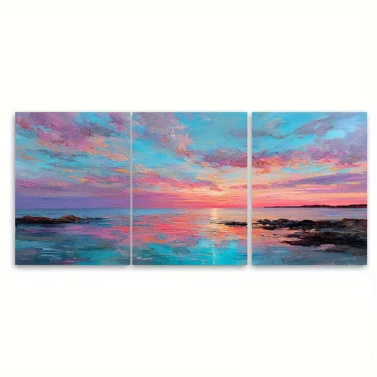 3pcs Tranquil Coastal Sunset Ocean Painting Wall Art Set Canvas Framed 50x70cm - High Quality Print 100% Australian Made Wall Canvas Ready to Hang